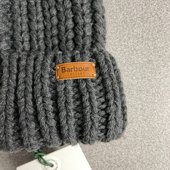 Barbour Saltburn Faux Fur Pom-Pom Beanie Hat Gray Knit Leather Outdoors Ski - Picture 7 of 9